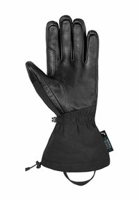 Black winter glove with leather palm, extended cuff, elastic wrist, and adjustable drawstring for secure fit.