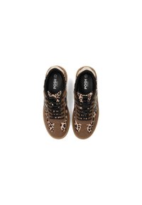 Brown sneakers with leopard print accents, black laces, and a rubber sole. Interior features padded black lining and logo. Size 37.