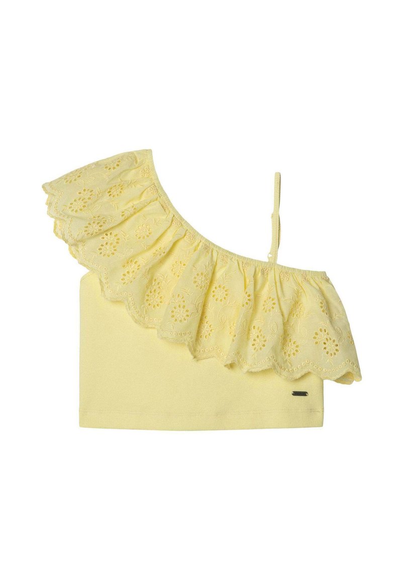 Top amarillo de un solo hombro con un borde de encaje con volantes, fabricado en un tejido ligero y con un dobladillo recto. Incluye una correa estrecha en el hombro.