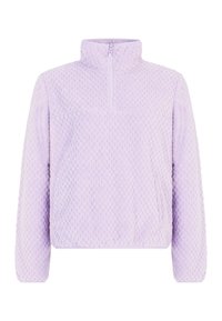 Levanduľový strukturovaný fleecový pulóver s dlhými rukávmi a krátkym zipsom na vysokom golieri pre teplo a pohodlie.