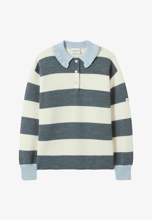 Maglione a righe grigio e crema, con collo a camicia, tre bottoni e polsini a costine. Materiale morbido con una vestibilità comoda.