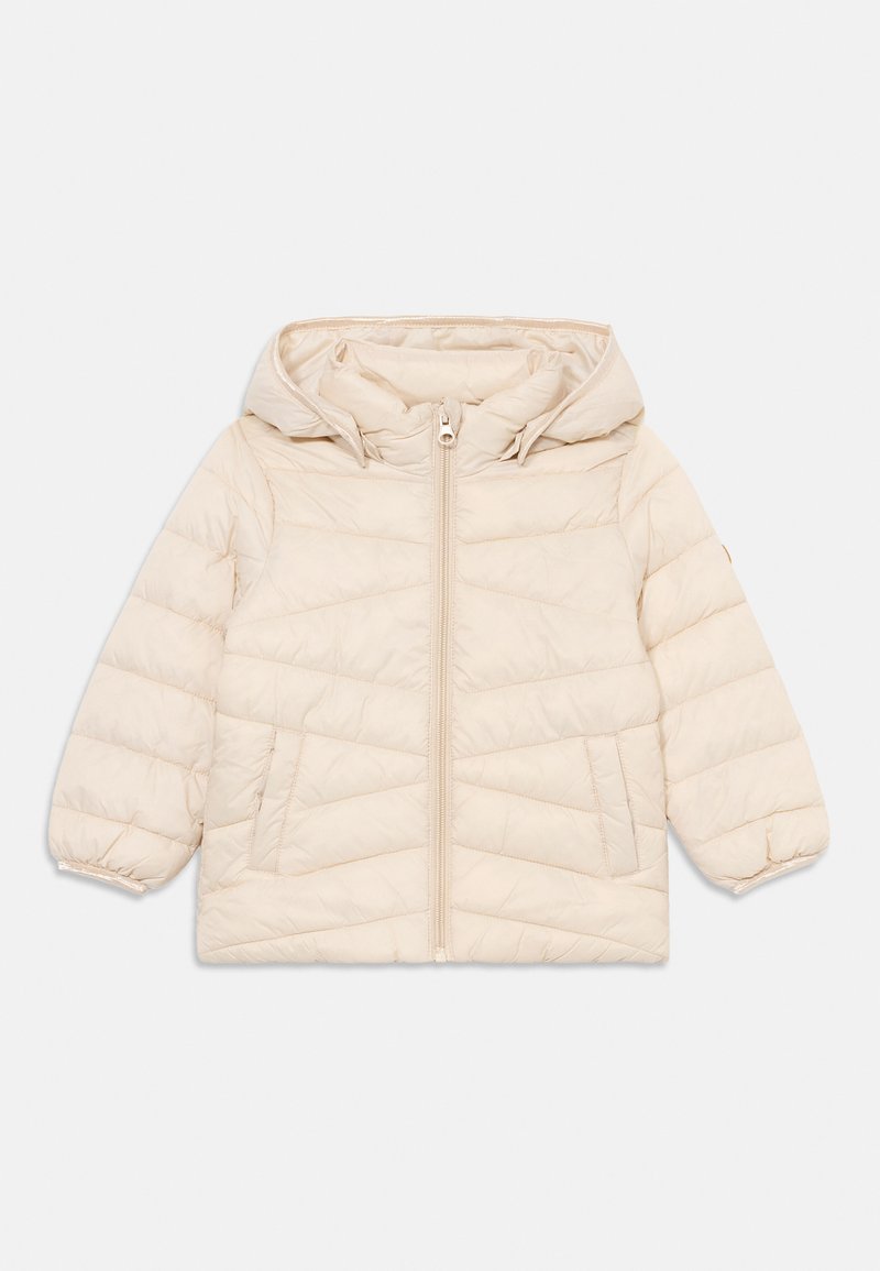 Veste matelassée couleur crème avec capuche, fermeture éclair à l'avant, deux poches avant, et manches longues avec poignets élastiques.