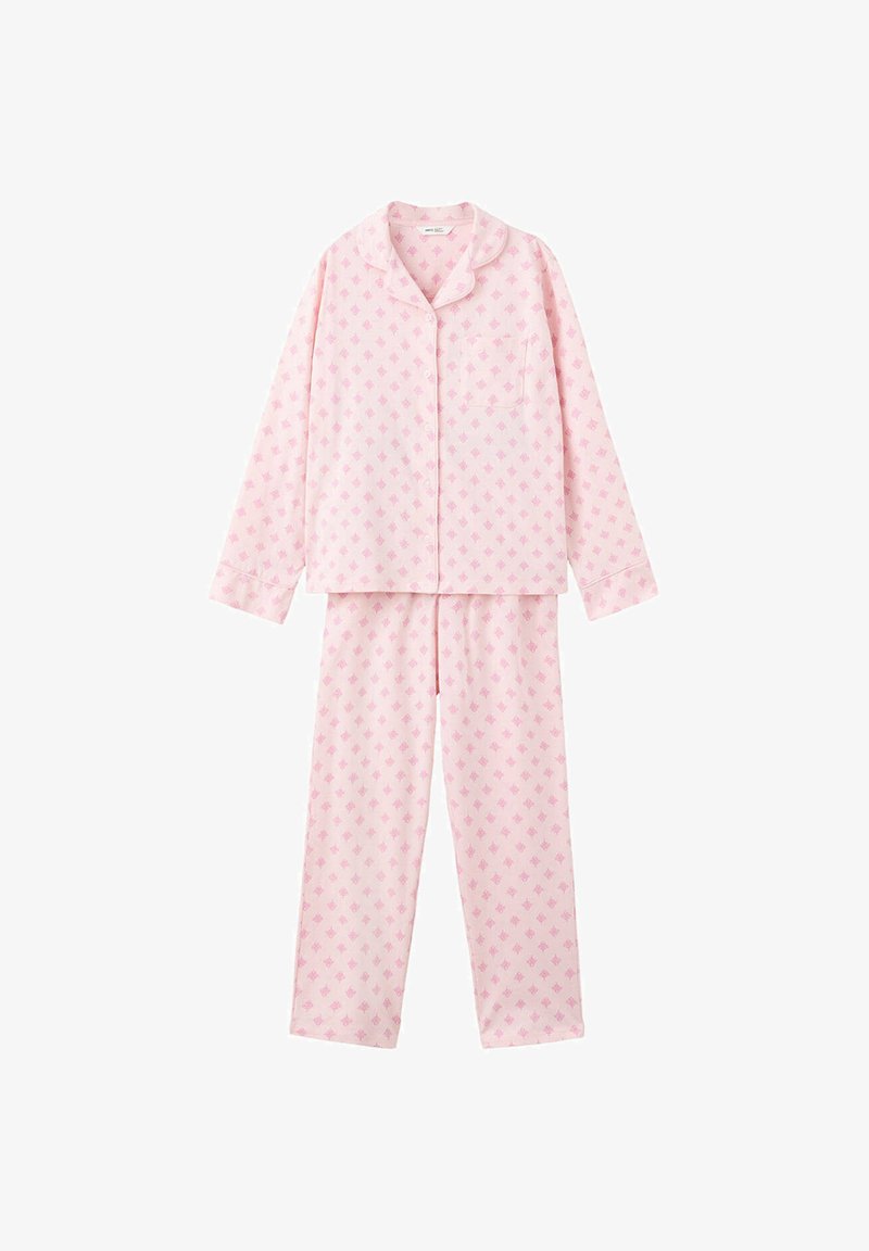Haut de pyjama rose clair à manches longues avec boutons, col et poche, assorti à un pantalon de pyjama long assorti avec un petit motif rose sur toute la surface.