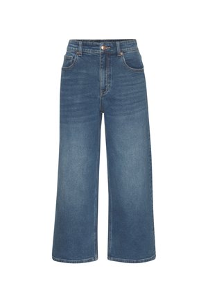 Blue denim wide-leg jeans with a high waist, featuring front pockets, a button closure, and a smooth texture. Distressed detailing is absent.