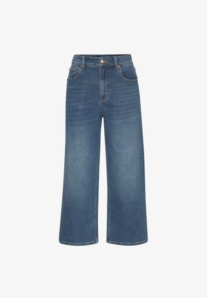 Blue denim wide-leg jeans with a high waist, featuring front pockets, a button closure, and a smooth texture. Distressed detailing is absent.