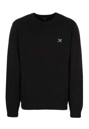 Black long-sleeve crewneck sweater with small white crossed wrench and screwdriver logo on left chest.