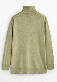 Pull col roulé vert clair à manches longues avec col, poignets et ourlet côtelés, montré de dos sur fond blanc.