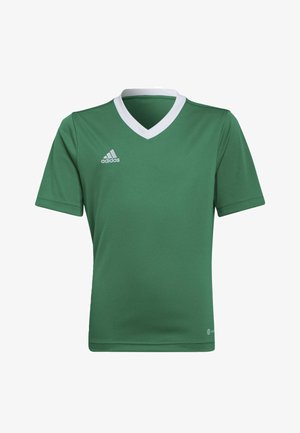 Zielona sportowa koszulka z krótkimi rękawami, dekoltem w kształcie litery V i białym kołnierzykiem. Zawiera logo Adidas na lewej piersi. Gładki, lekki materiał.