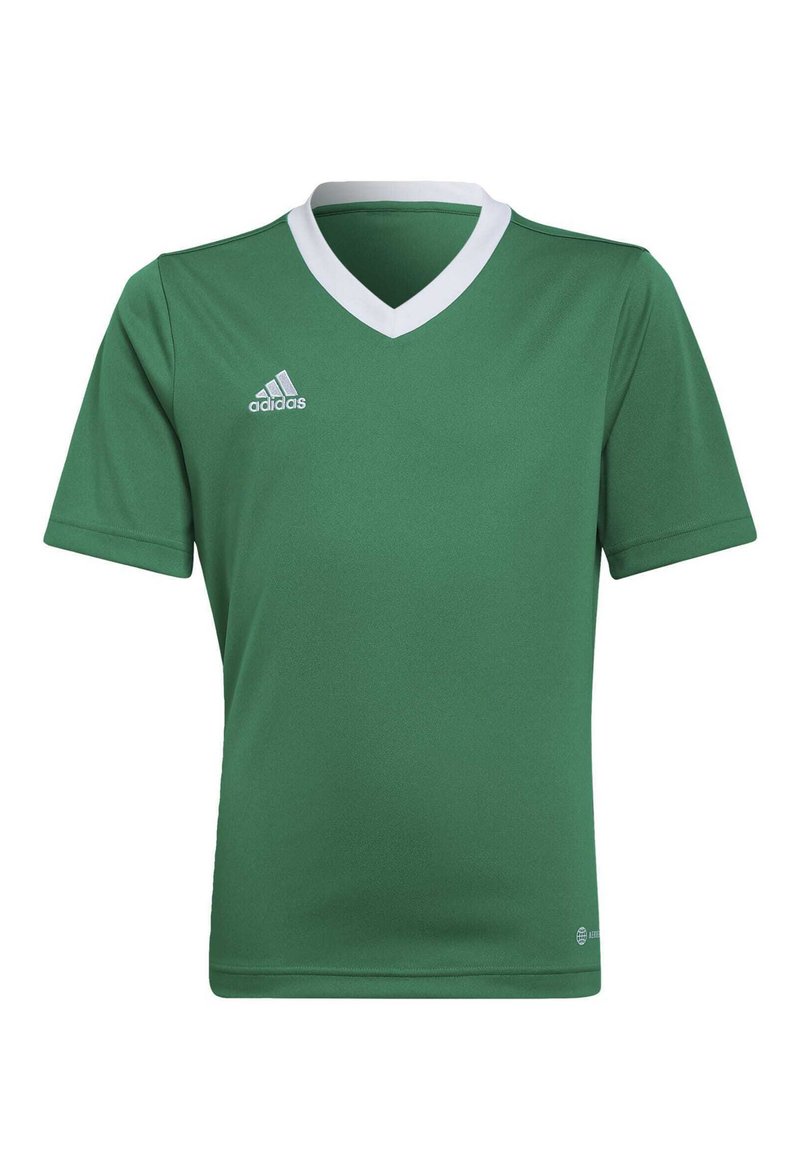 Jersey deportivo verde de mangas cortas, con escote en V y cuello blanco. Presenta el logo de Adidas en el lado izquierdo del pecho. Fabricado en una tela suave y ligera.