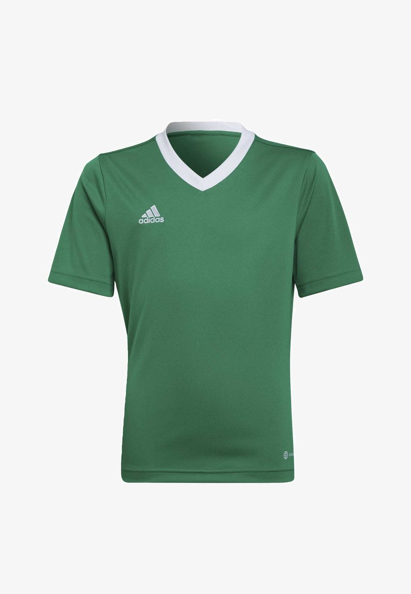 Maglia sportiva verde con maniche corte, scollo a V e colletto bianco. Presenta il logo Adidas sul lato sinistro del petto. Tessuto liscio e leggero.