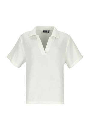 Biała koszulka z krótkim rękawem wykonana z teksturowanej tkaniny, z kołnierzykiem i luźnym krojem. Subtelny detal kieszeni z przodu.