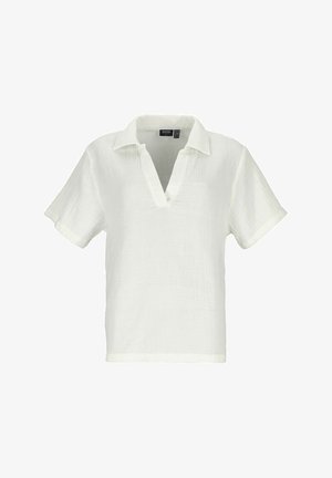 Pull-over blanc à manches courtes en tissu texturé, avec un col et une coupe décontractée. Détail de poche discret sur le devant.