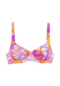 Palaidinė su vielomis, puošta spalvingu gėlių raštu rožinės, violetinės ir oranžinės spalvos atspalviais. Pagaminta iš lygaus audinio su reguliuojamomis petnešėlėmis.