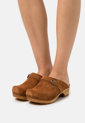 Brown suede clogs with wooden soles, featuring a wide strap and metal buckle accent. Textured surface and open back design.