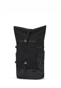 Black roll-top backpack made of durable material. Features a front pocket, adjustable straps, and elastic bungee accents for added storage.