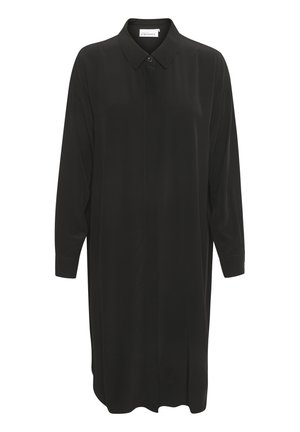 Camicia da uomo nera a maniche lunghe, in tessuto liscio, con colletto a punta, chiusura frontale a bottoni, vestibilità rilassata, fessure laterali e dettagli nei polsini.