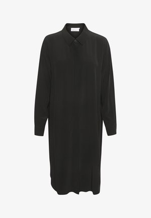Camicia da uomo nera a maniche lunghe, in tessuto liscio, con colletto a punta, chiusura frontale a bottoni, vestibilità rilassata, fessure laterali e dettagli nei polsini.