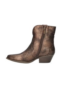 Bronzen cowboylaarzen met een textuurafwerking, puntige neus, ritssluiting aan de zijkant en gestapelde hak. Voorzien van details in westernstijl.