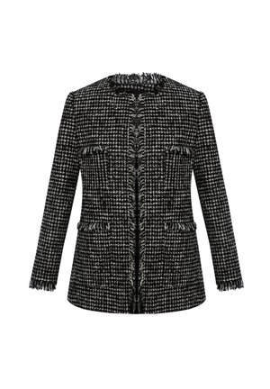 Veste en tweed noir et blanc avec une finition texturée, des bords effilochés, un col rond et deux poches avant. Ajustement cintré, manches longues.