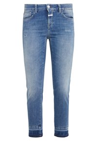 Modré džíny z denimu s mírně vybledlým povrchem, pět-pocket designem a zúženým střih. Vlastnosti zahrnují zapínání na knoflík a klasické prošívání.