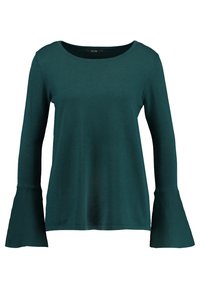 Tyrkysový dlouhý rukáv vyrobený z pletené látky s kulatým výstřihem a rozšířenými rukávy. Má hladkou texturu a přiléhavý střih.