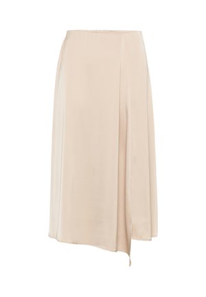 Smėlio spalvos midi sijonas su asimetriniu kraštu ir švelniai drapiruota medžiaga, sukurtas su lygiu paviršiumi ir elastiniu liemeniu.