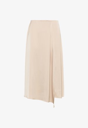 Bézs midi szoknya aszimmetrikus szegéllyel és lágyan redőzött anyagból, sima kivitelben és elasztikus derékpánttal.