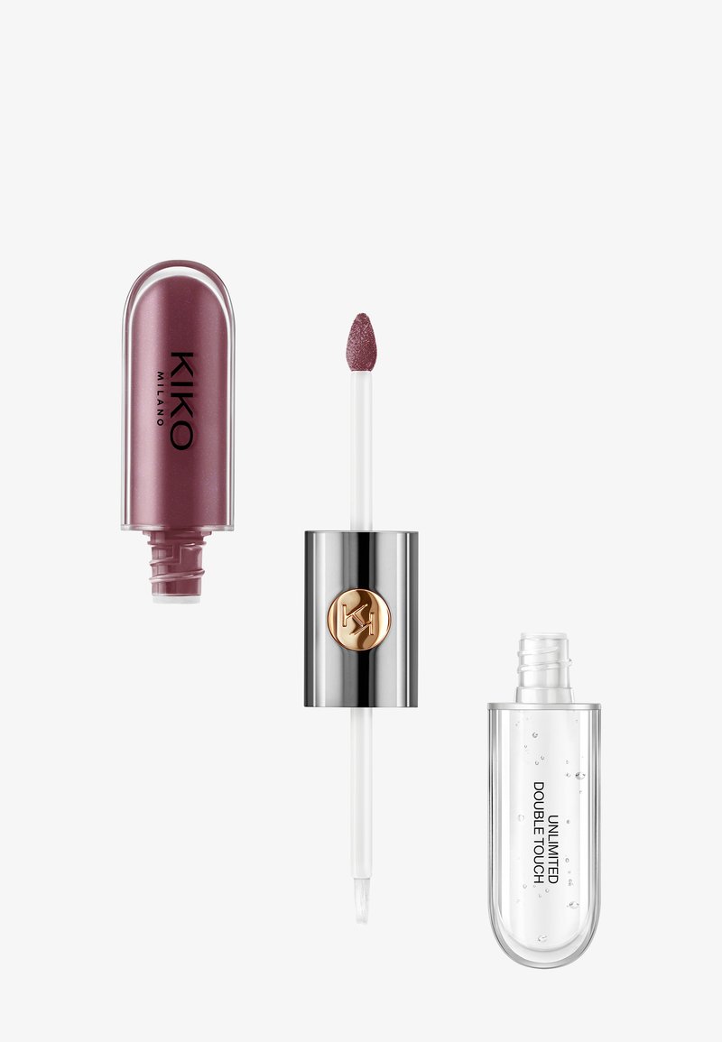 Lip gloss with mauve shade on applicator, silver cap with emblem, and clear container labeled "Unlimited Double Touch" separated on white background.