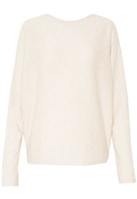 Maglietta a maniche lunghe beige chiaro con scollatura rotonda e una consistenza morbida, caratterizzata da una vestibilità comoda e senza motivi o hardware visibili.