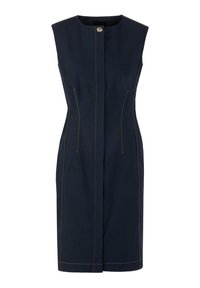 Ärmelloses, dunkelblaues Kleid aus Denim mit geradem Schnitt, gelber Naht, Reißverschlusstaschen vorne und rundem Ausschnitt mit Knopfverschluss.