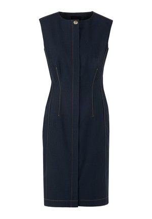 Ärmelloses, dunkelblaues Kleid aus Denim mit geradem Schnitt, gelber Naht, Reißverschlusstaschen vorne und rundem Ausschnitt mit Knopfverschluss.