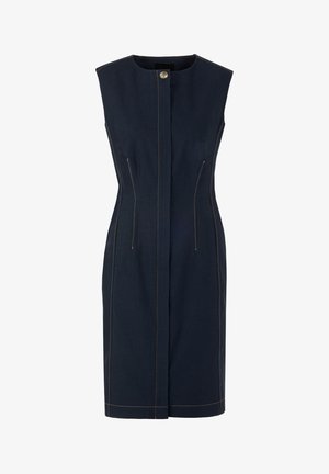 Ärmelloses, dunkelblaues Kleid aus Denim mit geradem Schnitt, gelber Naht, Reißverschlusstaschen vorne und rundem Ausschnitt mit Knopfverschluss.