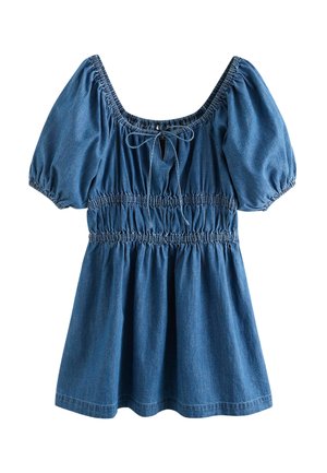 Niebieska dżinsowa krótka sukienka z bufiastymi rękawami, kwadratowym dekoltem, elastycznym ściągaczem w talii oraz wiązaniem z przodu pod dekoltem.