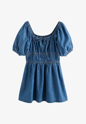 Denimsinisen lyhyt mekko, jossa on puffihihat, neliönmuotoinen pääntie, joustava kirjailtu vyötärö ja etuosassa solmittava yksityiskohta pääntien alapuolella.