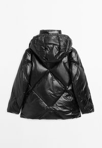 Black puffer jacket with a shiny, quilted finish. Features a hood, diamond-shaped stitching, and a sleek design with a smooth texture.