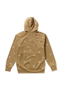 Sweat à capuche en tissu beige, avec un motif de petits oiseaux blancs disséminés. Comprend une taille et des poignets côtelés. Texture lisse, design décontracté.