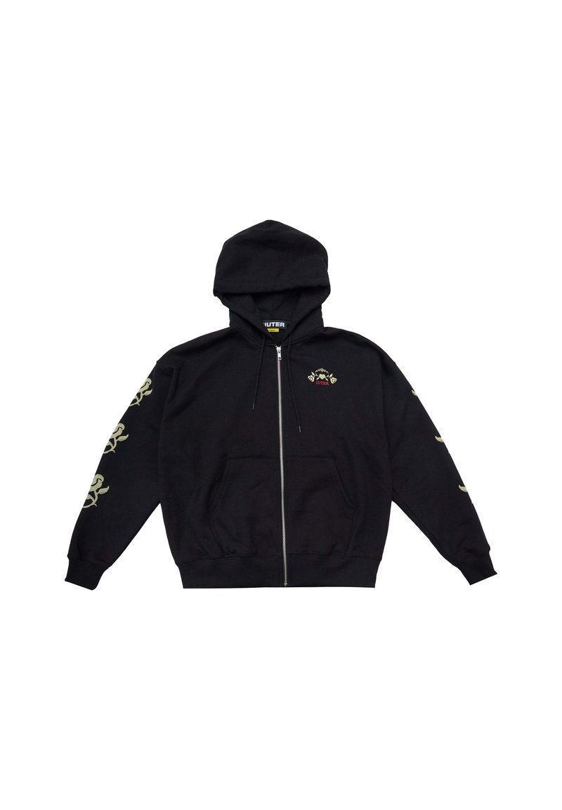 Felpa nera con zip realizzata in cotone. Presenta una tasca frontale, cappuccio e ricami floreali sulle maniche con polsini e orlo a coste.
