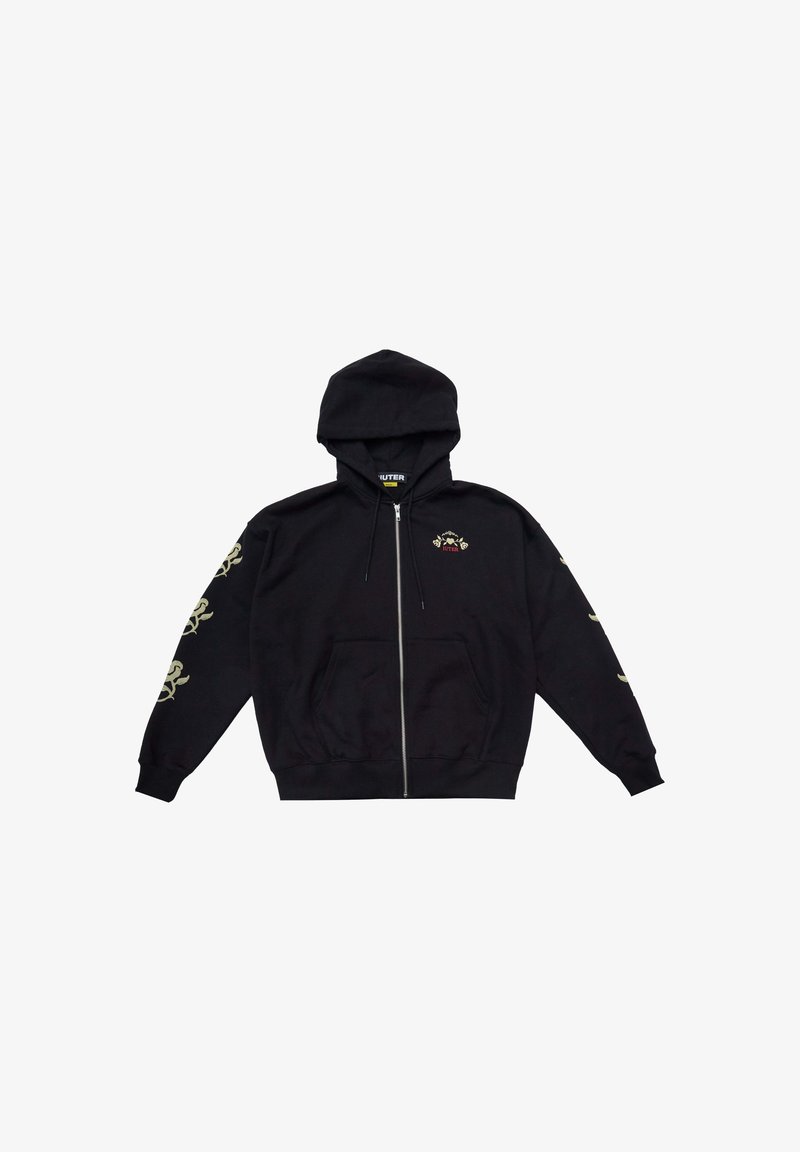 Felpa nera con zip realizzata in cotone. Presenta una tasca frontale, cappuccio e ricami floreali sulle maniche con polsini e orlo a coste.