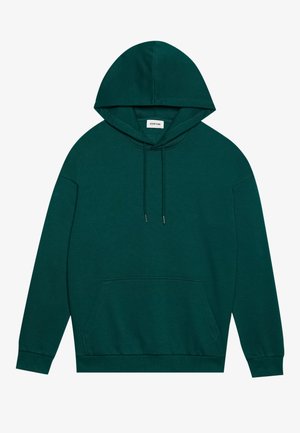 Dark green hooded sweatshirt made from soft fabric, featuring a kangaroo pocket and adjustable drawstrings on the hood.