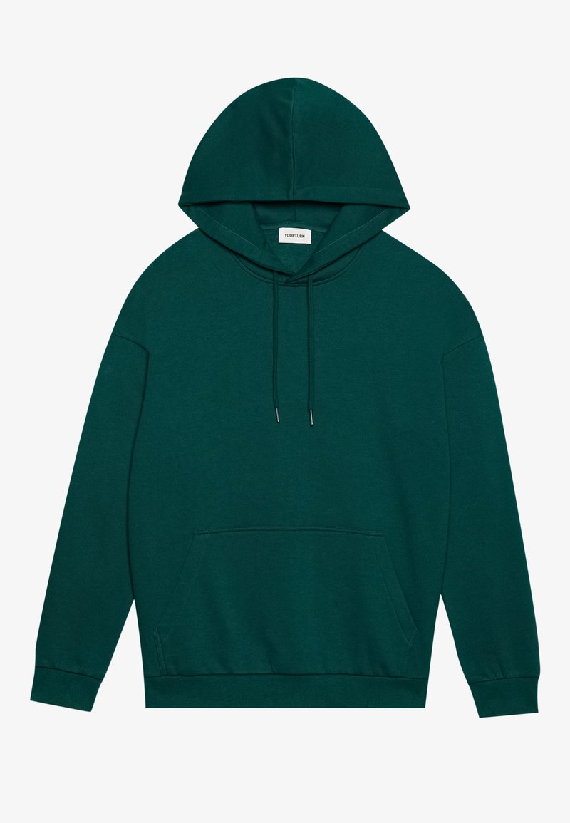 Sweat-shirt à capuche vert foncé en tissu doux, avec une poche kangourou et des cordons de réglage sur la capuche.