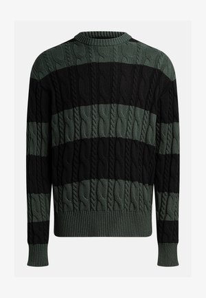 Kootud sviiter, millel on vahelduvad tumerohelised ja mustad horisontaalsed triibud, kaeluse ja varrukate otsad on ribakudumisega ning jootud on ka nöörikudumine.