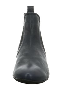 Schwarze Leder-Stiefelette mit glatter Oberfläche, runder Zehenform und elastischen Seitenpaneelen für ein einfaches An- und Ausziehen.