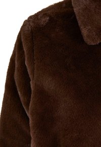 Brun kunstpelsjakke med en myk, plysj tekstur og en fremtredende krage, som fremhever varme og komfort i stoffets design.