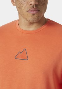 Oranžové tričko s krátkým rukávem vyrobené z měkkého materiálu má na hrudi modré trojúhelníkové logo hory. Design s kulatým výstřihem.