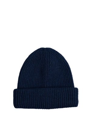 Navy blue ribbed knit beanie hat with a folded cuff, designed for warmth and casual wear.