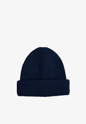 Navy blue ribbed knit beanie hat with a folded cuff, designed for warmth and casual wear.