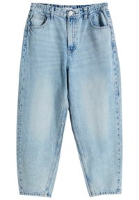 Light blue denim trousers with a relaxed fit, featuring a high waist, five-pocket design, button closure, and slightly tapered ankles.