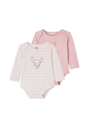 Set of two baby bodysuits, one cream with pink stripes and Bambi print, the other solid pink. Long sleeves and snap closures at the bottom.