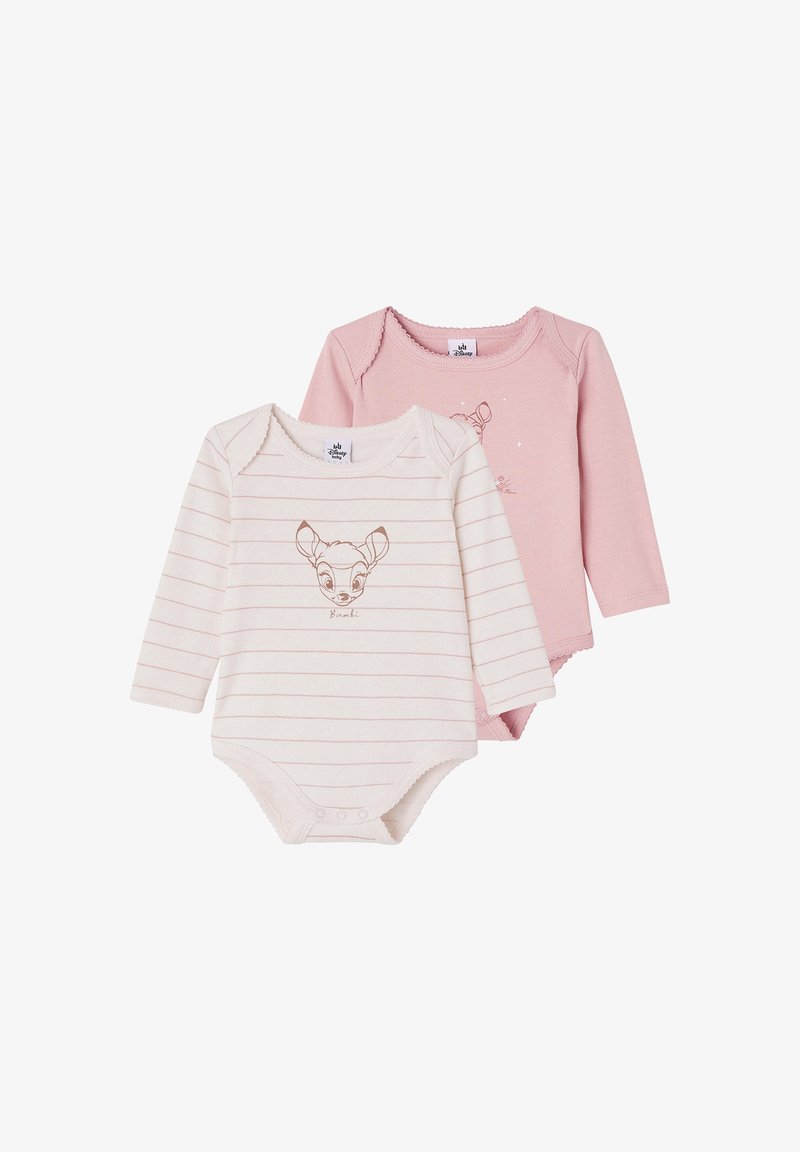 Set of two baby bodysuits, one cream with pink stripes and Bambi print, the other solid pink. Long sleeves and snap closures at the bottom.