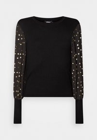 Maglione nero con corpo a maglia testurizzata e maniche in tessuto trasparente con pois metallici dorati. Collo rotondo e polsini aderenti.